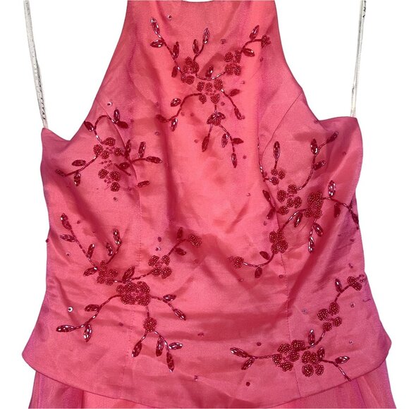 Niki Livas Pink Orange Embroidered Halter Dress With Corset Back Sz 6 Ball Gown - Picture 3 of 12